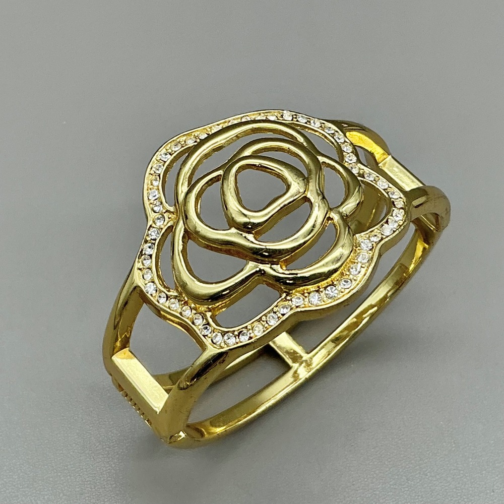 Rose Bangle Bracelet Gold Tone Rhinestone Floral Hinge Cuff Fashion Jewelry